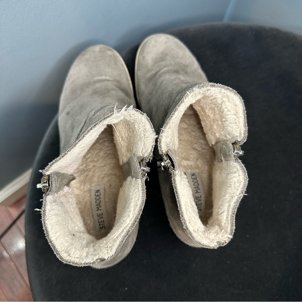 Steve Madden Women's Wanda Faux Fur Wedge Sneaker in Taupe Suede - Picture 7 of 9